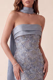 Grey Blue Bodycon Sequins Satin Strapless Maxi Formal Dress with Appliques