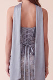 Grey Blue Bodycon Sequins Satin Strapless Maxi Formal Dress with Appliques