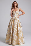 Champagne Corset Jacquard A-Line Thick Straps Maxi Formal Dress