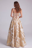 Champagne Corset Jacquard A-Line Thick Straps Maxi Formal Dress