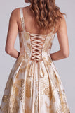 Champagne Corset Jacquard A-Line Thick Straps Maxi Formal Dress