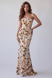 Champagne Printed Velvet Mermaid Strapless Maxi Formal Dress