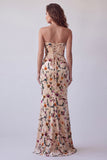 Champagne Printed Velvet Mermaid Strapless Maxi Formal Dress