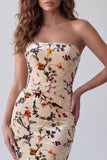 Champagne Printed Velvet Mermaid Strapless Maxi Formal Dress