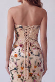 Champagne Printed Velvet Mermaid Strapless Maxi Formal Dress
