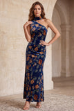One Shoulder Dark Blue Sheath Velvet Printed Maxi Formal Dress