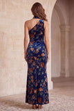 One Shoulder Dark Blue Sheath Velvet Printed Maxi Formal Dress