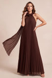 Chocolates A-Line Halter Pleated Chiffon Maxi Formal Dress with 3D Flower