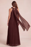 Chocolates A-Line Halter Pleated Chiffon Maxi Formal Dress with 3D Flower
