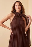 Chocolates A-Line Halter Pleated Chiffon Maxi Formal Dress with 3D Flower