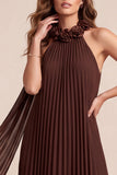 Chocolates A-Line Halter Pleated Chiffon Maxi Formal Dress with 3D Flower