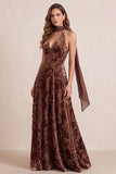 Chocolates A-Line Velvet Halter V-Neck Floral Maxi Formal Dress with Chiffon Sash