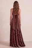 Chocolates A-Line Velvet Halter V-Neck Floral Maxi Formal Dress with Chiffon Sash