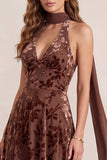 Chocolates A-Line Velvet Halter V-Neck Floral Maxi Formal Dress with Chiffon Sash