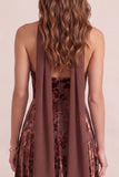 Chocolates A-Line Velvet Halter V-Neck Floral Maxi Formal Dress with Chiffon Sash