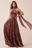 Chocolates Corset Halter Velvet A-Line Maxi Formal Dress with Chiffon Sash