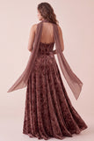 Chocolates Corset Halter Velvet A-Line Maxi Formal Dress with Chiffon Sash