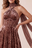 Chocolates Corset Halter Velvet A-Line Maxi Formal Dress with Chiffon Sash