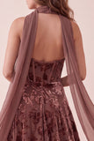 Chocolates Corset Halter Velvet A-Line Maxi Formal Dress with Chiffon Sash