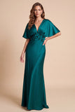 Peacock Green V-Neck Sheath Flutter Sleeves Satin Maxi Formal Dress with 3D Flower
