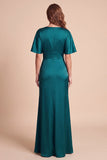 Peacock Green V-Neck Sheath Flutter Sleeves Satin Maxi Formal Dress with 3D Flower