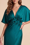 Peacock Green V-Neck Sheath Flutter Sleeves Satin Maxi Formal Dress with 3D Flower