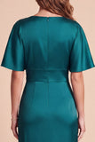 Peacock Green V-Neck Sheath Flutter Sleeves Satin Maxi Formal Dress with 3D Flower