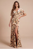 Champagne Corset V-Neck Velvet Printed Maxi Formal Dress with Side Slit
