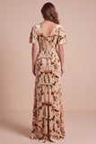 Champagne Corset V-Neck Velvet Printed Maxi Formal Dress with Side Slit