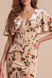 Champagne Corset V-Neck Velvet Printed Maxi Formal Dress with Side Slit