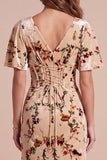 Champagne Corset V-Neck Velvet Printed Maxi Formal Dress with Side Slit
