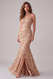 Champagne Mermaid Appliqued Strapless Long Formal Dress with Side Slit