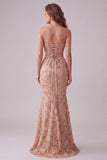 Champagne Mermaid Appliqued Strapless Long Formal Dress with Side Slit