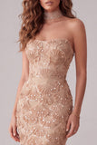 Champagne Mermaid Appliqued Strapless Long Formal Dress with Side Slit