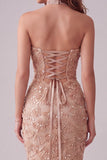 Champagne Mermaid Appliqued Strapless Long Formal Dress with Side Slit