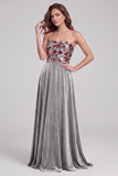 Grey A-Line Velvet Sequins Strapless Maxi Formal Dress with Lace Up Back