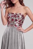 Grey A-Line Velvet Sequins Strapless Maxi Formal Dress with Lace Up Back