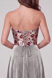 Grey A-Line Velvet Sequins Strapless Maxi Formal Dress with Lace Up Back