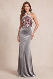 Grey Mermaid Velvet Halter Neck Sequins Long Formal Dress