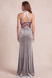 Grey Mermaid Velvet Halter Neck Sequins Long Formal Dress
