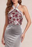 Grey Mermaid Velvet Halter Neck Sequins Long Formal Dress