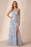 Dusty Blue Sheath Sequins Side Slit Strapless Long Formal Dress with 3D Flower