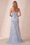 Dusty Blue Sheath Sequins Side Slit Strapless Long Formal Dress with 3D Flower