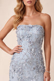 Dusty Blue Sheath Sequins Side Slit Strapless Long Formal Dress with 3D Flower