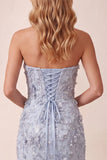 Dusty Blue Sheath Sequins Side Slit Strapless Long Formal Dress with 3D Flower