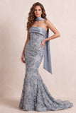 Dusty Blue Mermaid Fringed Sweep Train Strapless Formal Dress