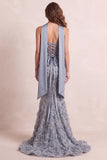 Dusty Blue Mermaid Fringed Sweep Train Strapless Formal Dress