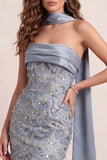 Dusty Blue Mermaid Fringed Sweep Train Strapless Formal Dress