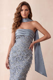 Dusty Blue Mermaid Fringed Sweep Train Strapless Formal Dress