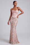 Pink Corset Mermaid Satin Sequins Embroidered Strapless Prom Dress with Pearls